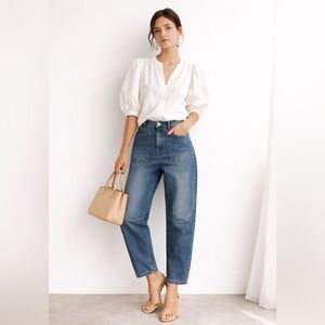 High Rise Barrel Leg Jeans mid Wash Structured Denim Relaxed Tapered Chic 28